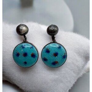 Faux Turquoise Polka Dot Enamel Earrings Silver Tone Clip On Retro Boho